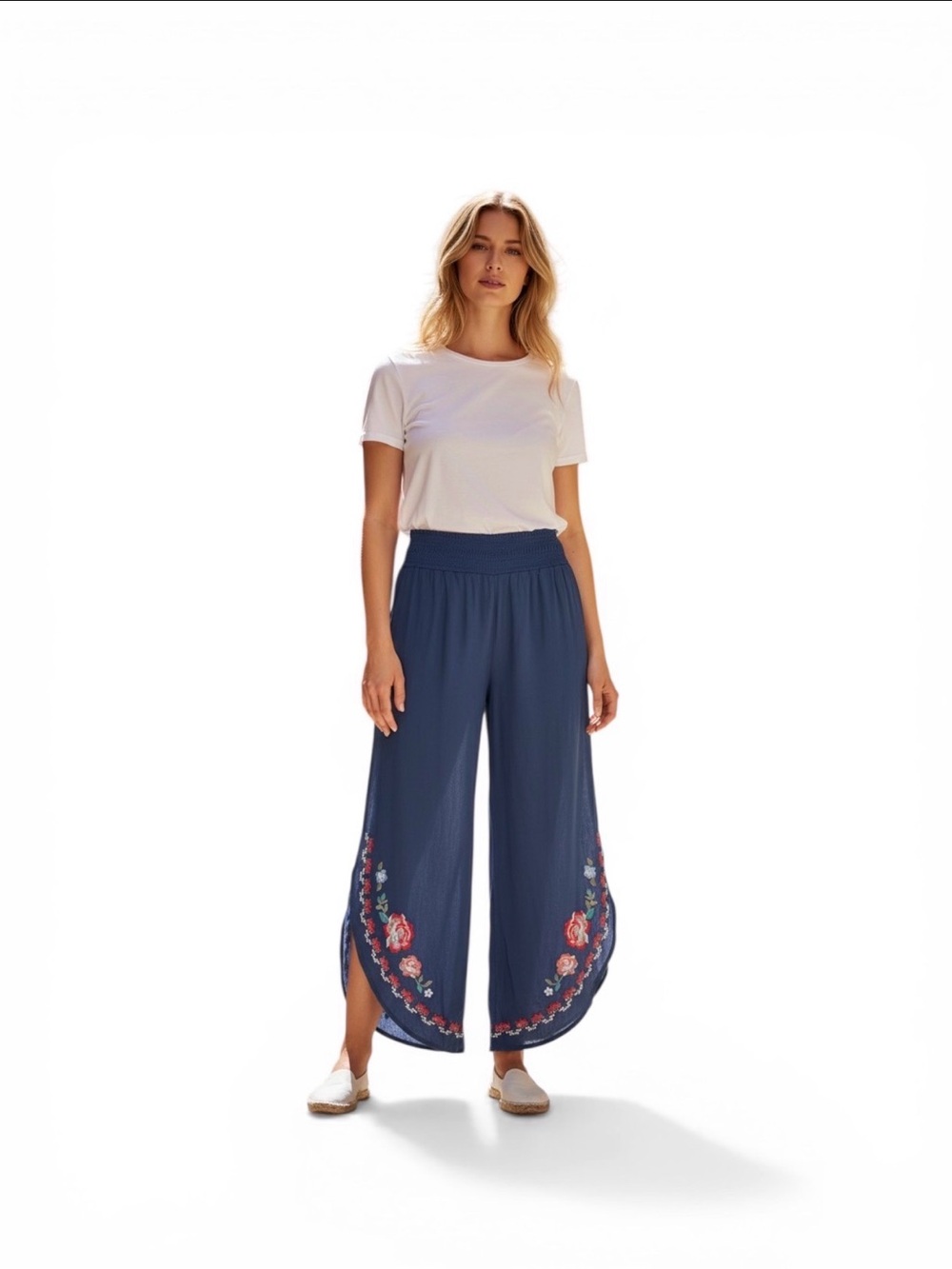 Navy Blue Floral Embroidered Boho Palazzo Pants